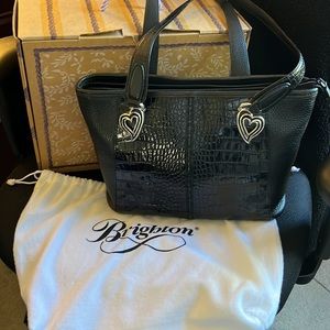 Brighton black croco embossed leather handbag accented with silver hearts